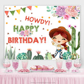 Toile de fond d'anniversaire rose floral et cactus pour cow-girl